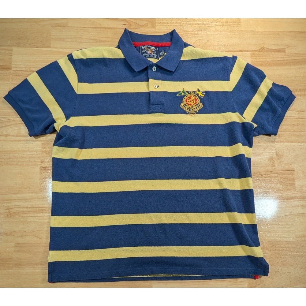 American Living Mens XL Polo Shirt Blue‎ Yellow Striped Short Sleeve Crest Logo